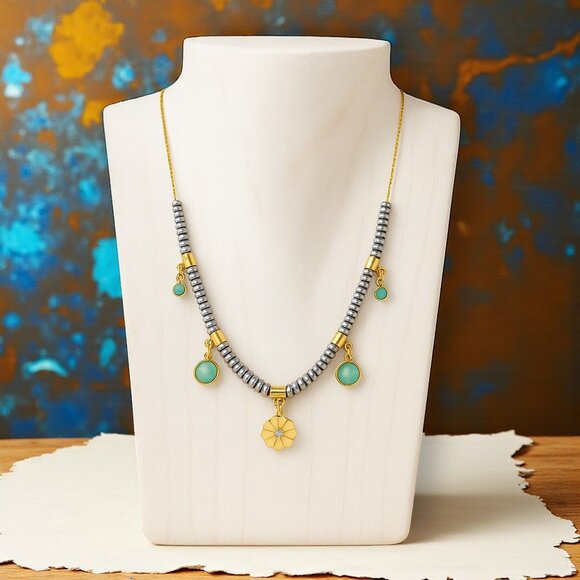 πBoho Chic Two Tone 18K Gold Plated Stainless Steel Necklace Floral Charm - Picture 13 of 13
